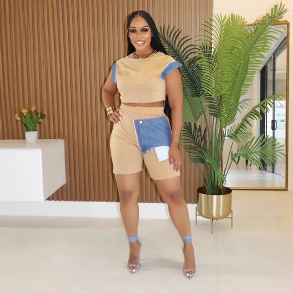 Women Denim Patchwork Short-Sleeve Top and Shorts Two-Piece Set