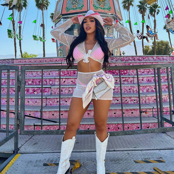 Mesh Lace-Up Long Sleeve Mini Skirt Set for Autumn Parties