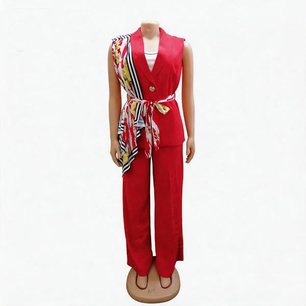 Sleeveless Blazer Jacket & Long Pants Three-Piece Set for Summer Casual Wear