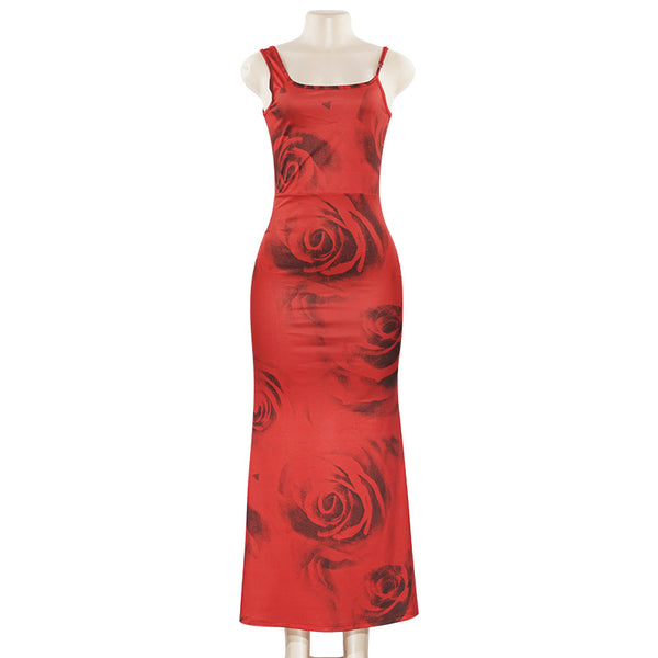 Women Summer Sleeveless Spaghetti Strap Printed Maxi Dress