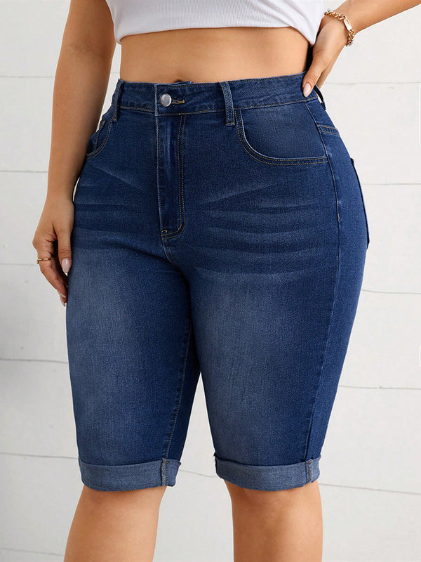 Plus Size Washed Blue Stretch Denim Knee-Length Shorts for Casual Wear