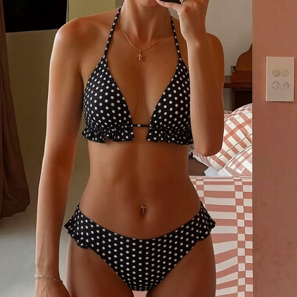 Lace Polka Dot Print Lace-Up Two-Piece Bikini for Beachwear