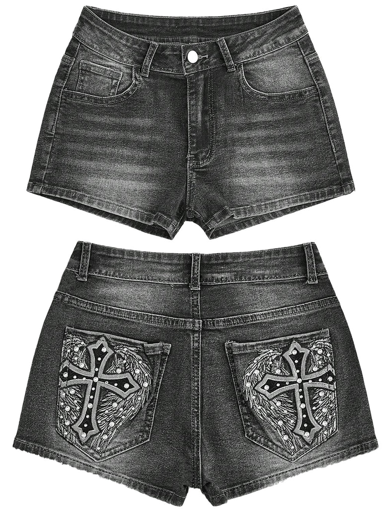 Embroidered Pocket Denim Shorts