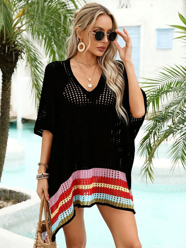 Hollow Knit Long Sleeve Sunscreen Cover-Up Top for Summer Beachwear