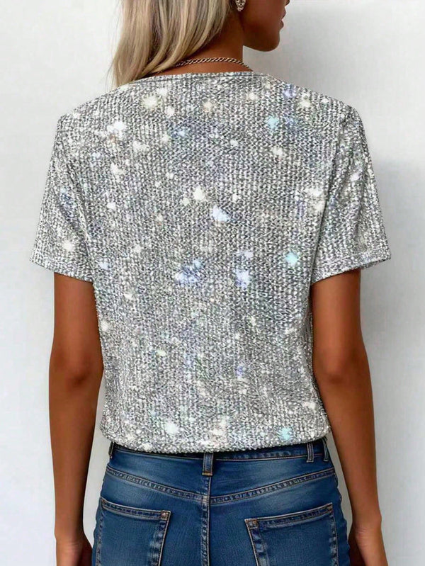 Silver V-Neck Short Sleeve T-Shirt for Casual Streetwear