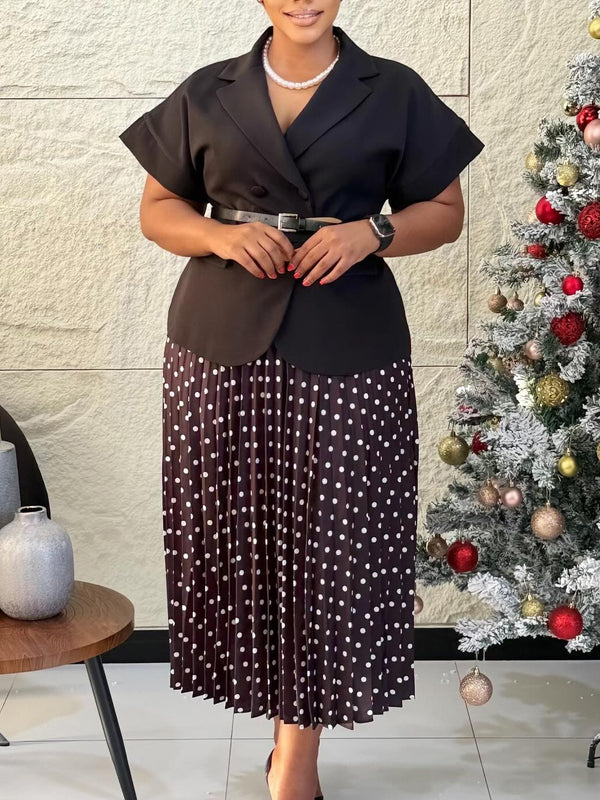 African Turndown Collar Top & Polka Dot Skirt Set for Summer