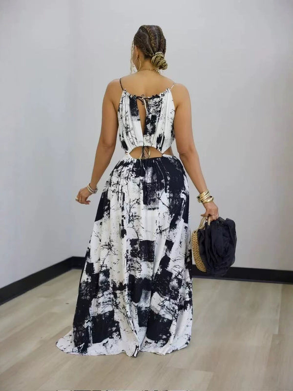 Printed Sleeveless Hollow-Out Low Back Maxi Dress for Summer Evenings