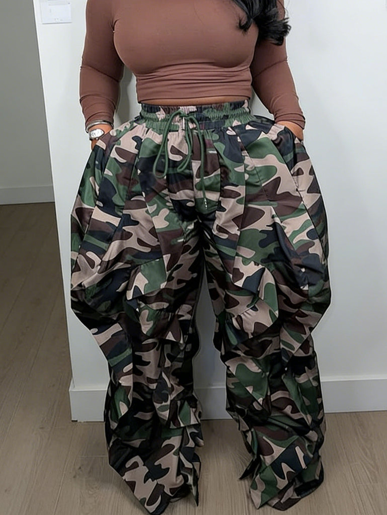 Camouflage Print Lace-Up Ruffle Patchwork Pants