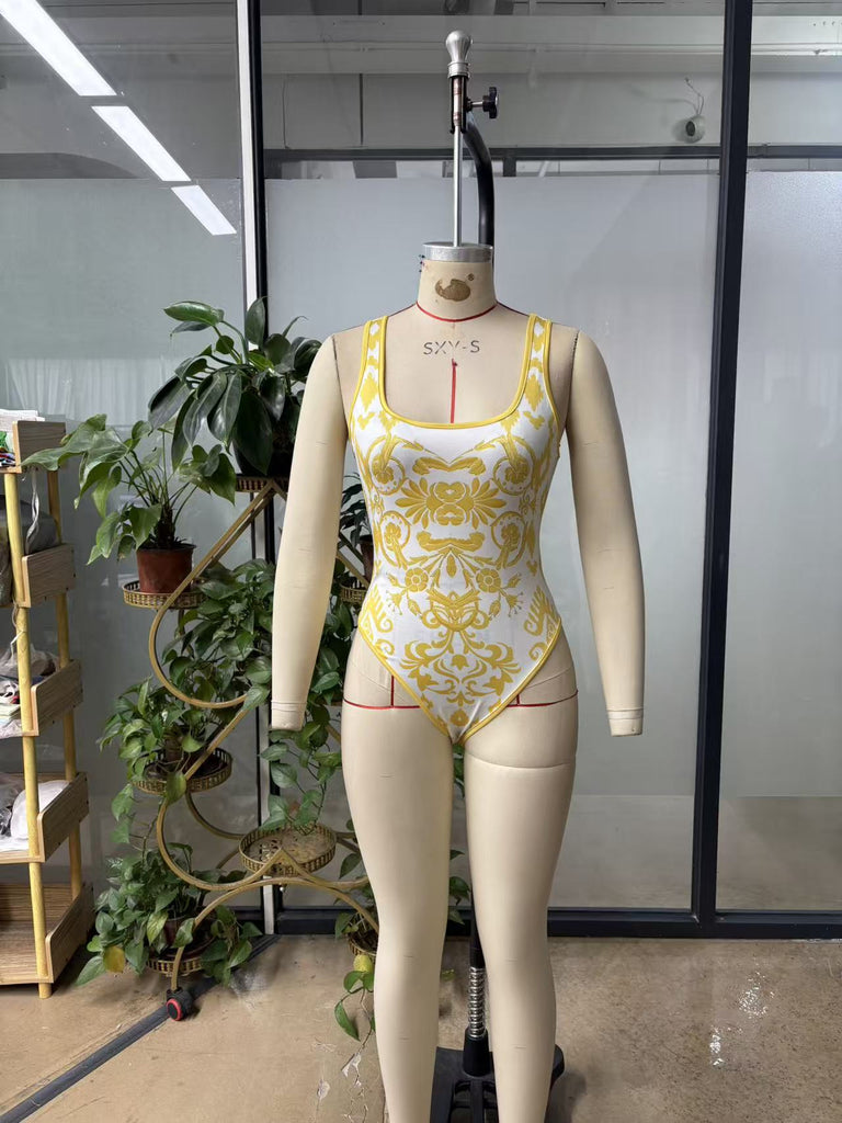 Printed Tight Fitting Low Back One-Piece Bodysuit