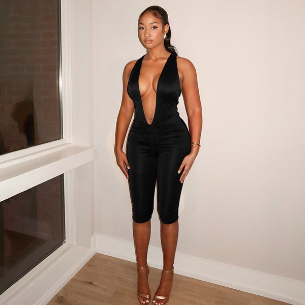 Solid Sleeveless Deep V Halter Jumpsuit for Evening Wear