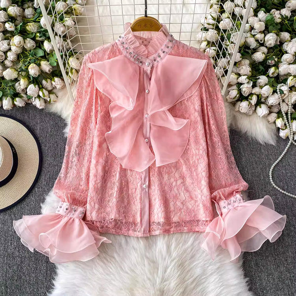 Lace Patchwork Rhinestone Stand Collar Ruffled Bell Bottom Sleeve Shirt Top