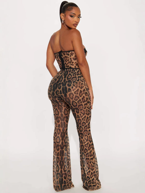 Leopard Print Strapless Tight-Fitting Two-Piece Set for Club Wear