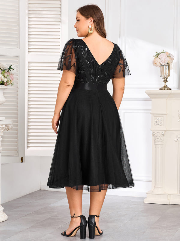Plus Size Double V-Neck Mesh Formal Evening Gown