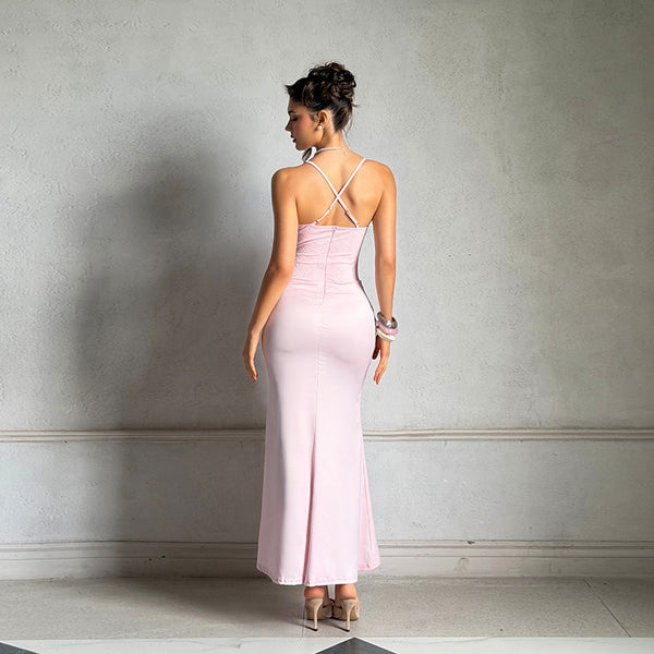 Lace Patchwork Satin Strappy Low-Cut Maxi Dress for Evening Parties