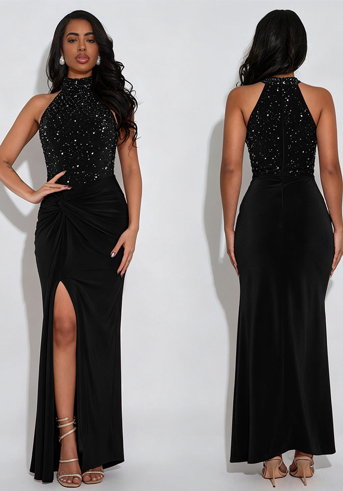 Off-Shoulder Beaded Bubble Split Dress for Evening Parties