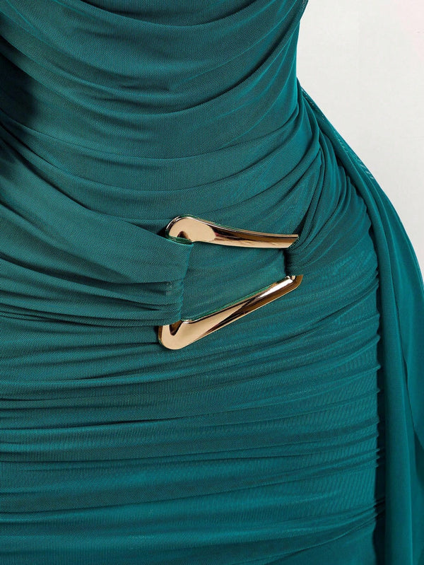 Solid Halter Low Back Asymmetric Mini Dress for Evening Wear