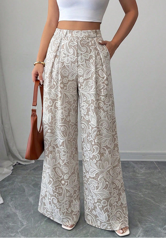 Pleated Lace Hollow-Out Wide-Leg Pants for Casual Wear