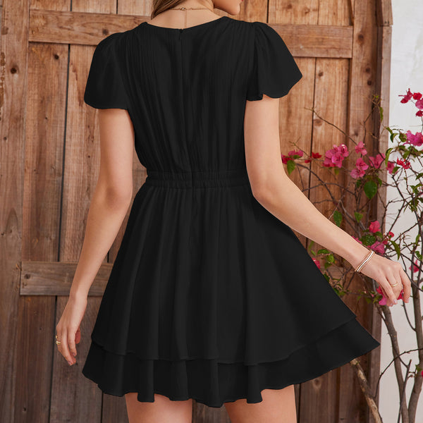 Deep V-Neck Slim Waist Ruffle Flutter Sleeve A-Line Mini Dress