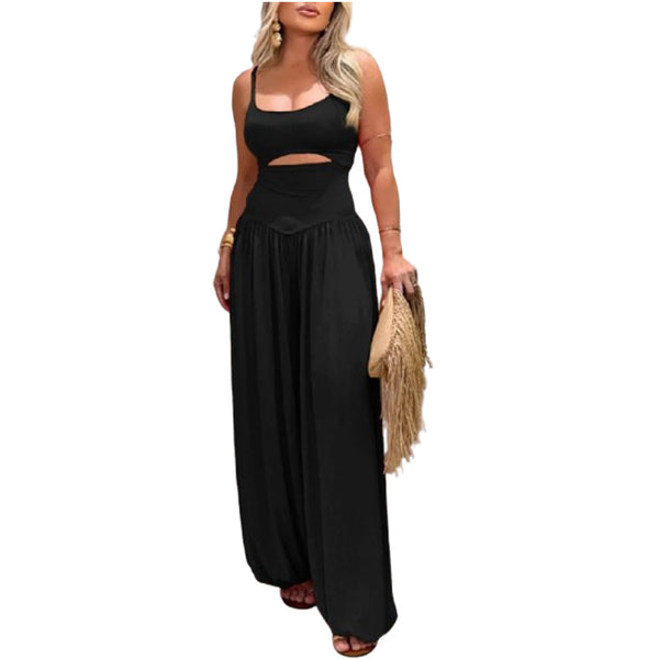 Open Waist Halter Low Back Tie Loose Jumpsuit for Summer