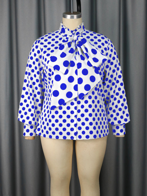 Plus Size Polka Dot Stand Collar Puff Sleeve Top for Office Chic