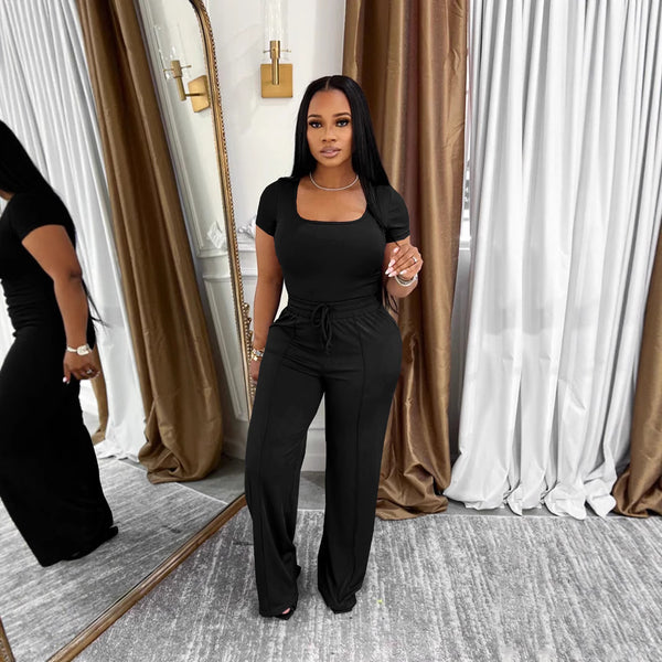 Square Neck Short Sleeve Top & High Waist Wide Leg Pants Set for Office Wear