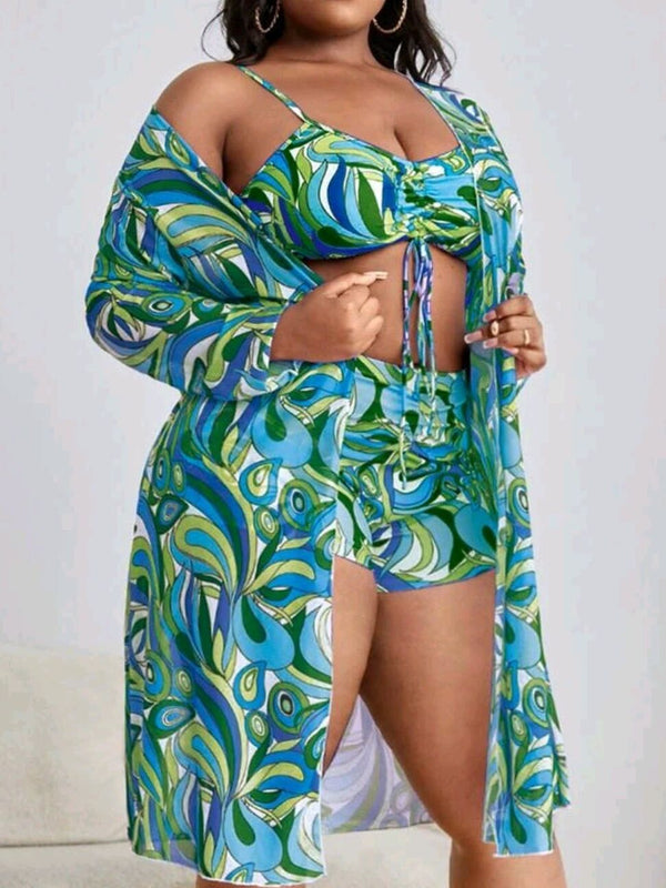 Plus Size Printed Drawstring High Waist Swimsuit & Long Sleeve Blouse Three-Piece Set