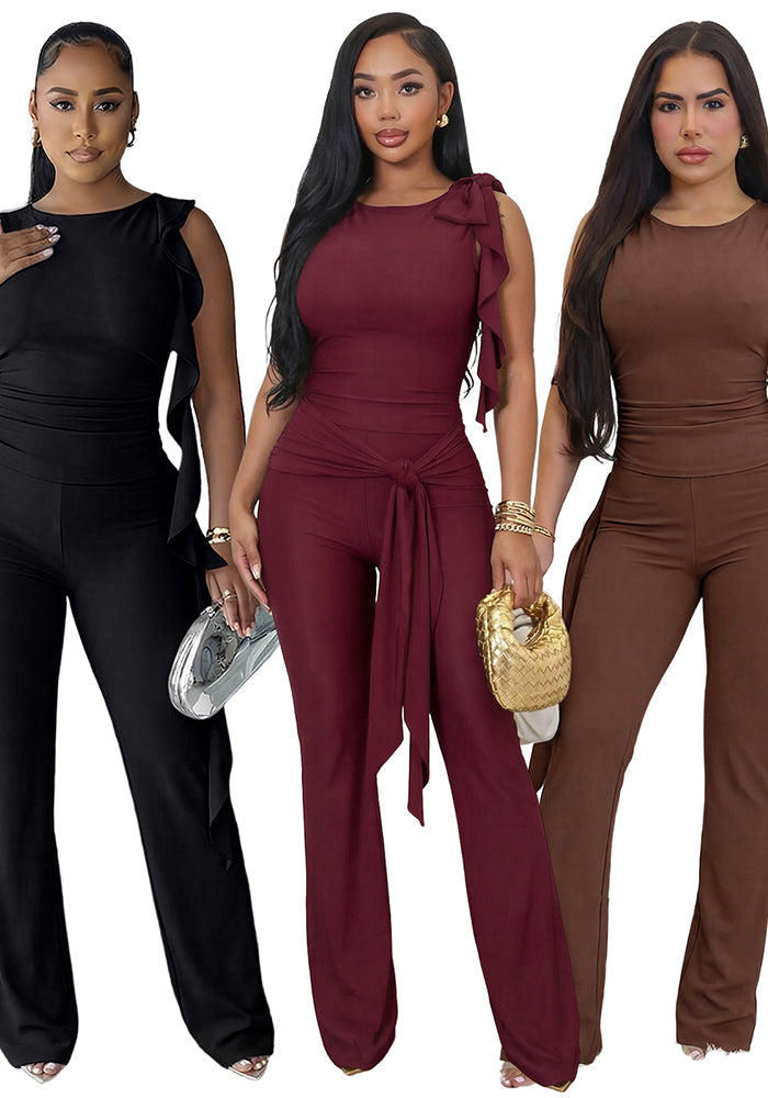 Lace-Up Ruffle Ruched Tank & Bell-Bottom Pants Set