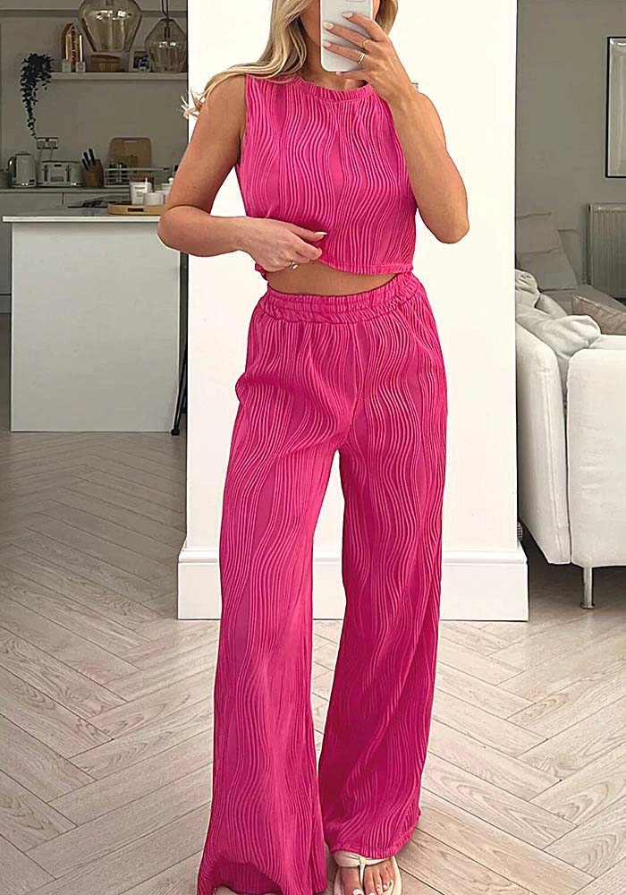 Women Solid Round Neck Top and Pant Two-Piece Set