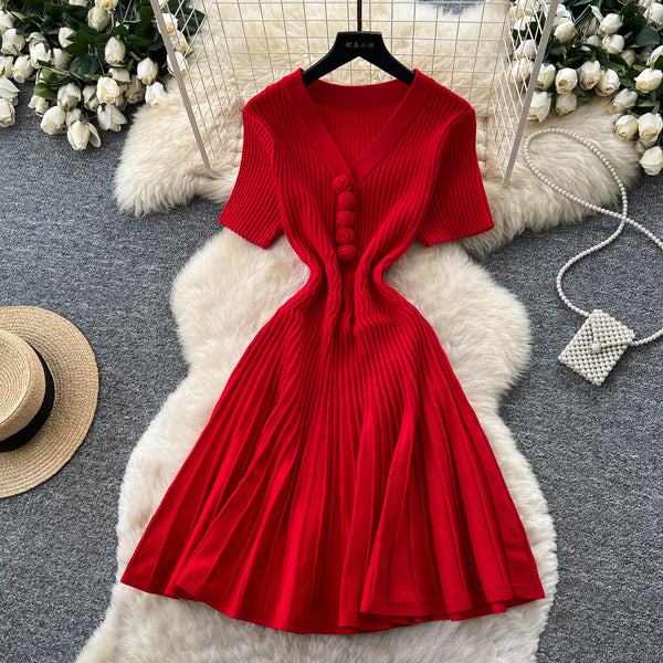 V-Neck Short Sleeve Knitted Dress for Casual Wear