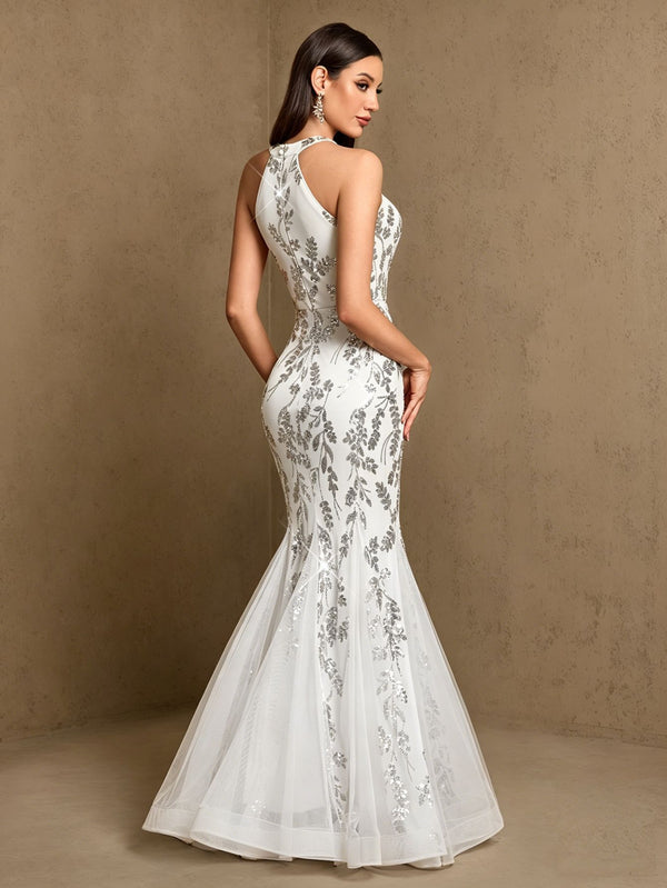 Beaded Halter Neck Sleeveless Mermaid Evening Gown for Formal Parties