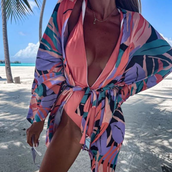 Irregular Leaf Printed Cover-Up Swimsuit