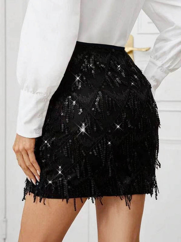 Women Sequined Tassel Black Skirt