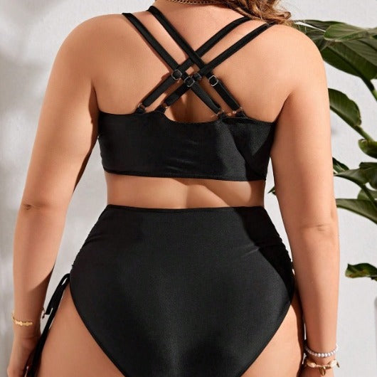 Plus Size Drawstring High Waist Hollow-Out Two-Piece Swimsuit