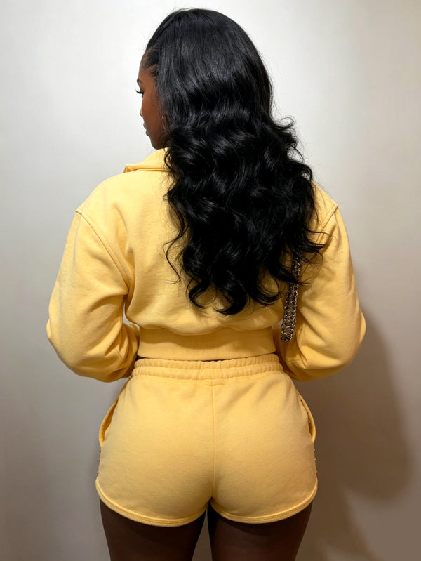 Yellow Rivet Zip-Up Hooded Jacket & Drawstring Shorts Set for Activewear