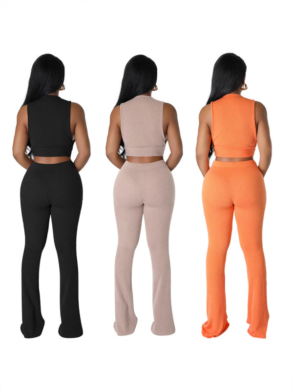 Ribbed Sleeveless Top & Flared Pants Two-Piece Set for Casual Wear