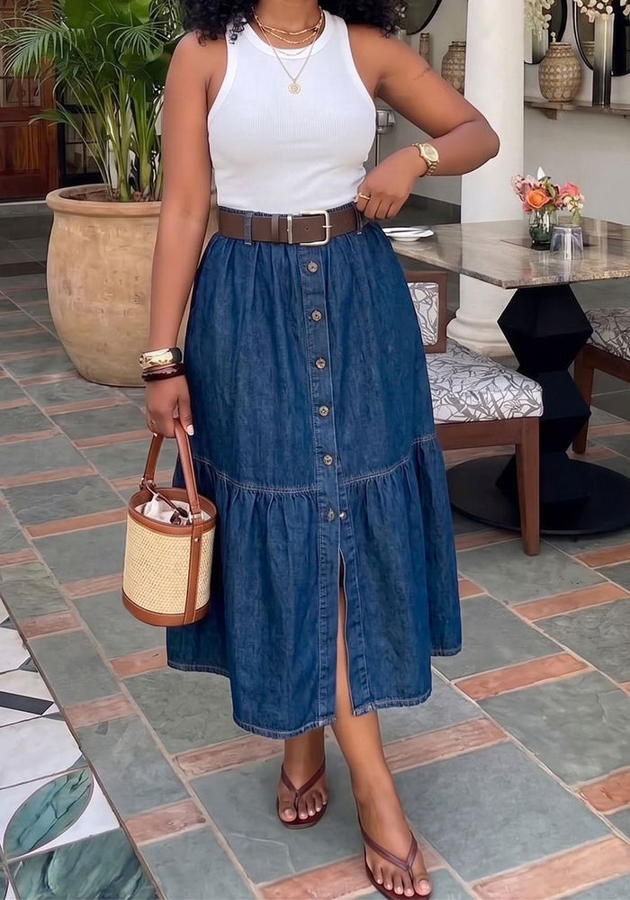 Slit Denim Skirt for Summer Casual Wear