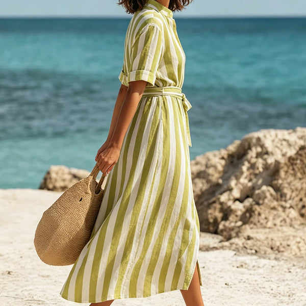French Striped Belted Split Maxi Dress for Summer Holidays