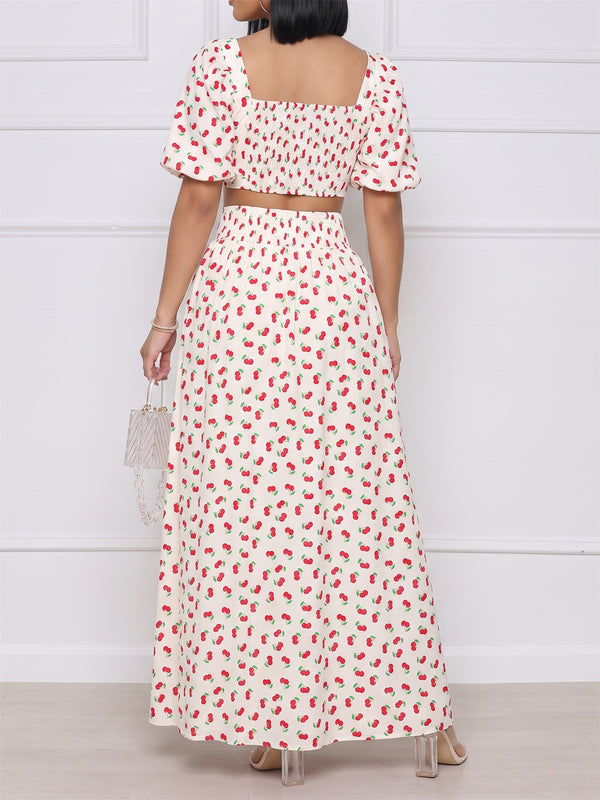 Polka-Dot Printed Puff-Sleeve Cropped Top & Skirt Two-Piece Set for Holidays