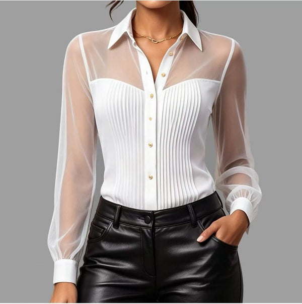Solid Turndown-Collar See-Through Mesh Patchwork Long-Sleeve Shirt for Spring/Fall