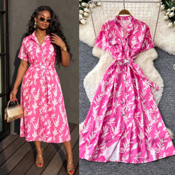 Printed V-Neck Short Sleeve Maxi Dress for Summer
