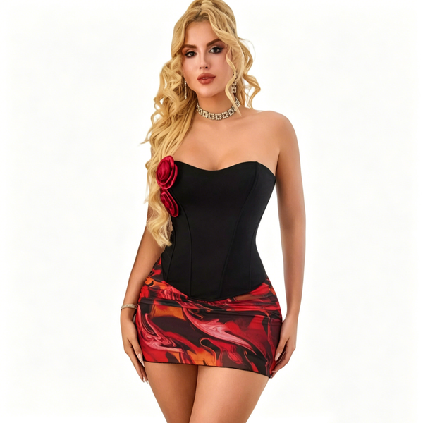 Black Rose Strapless Boned Corset Top for Evening Wear