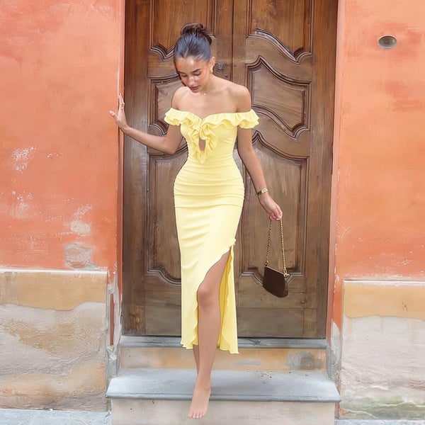 Off-Shoulder Strapless Ruffle Midi Dress for Formal Parties