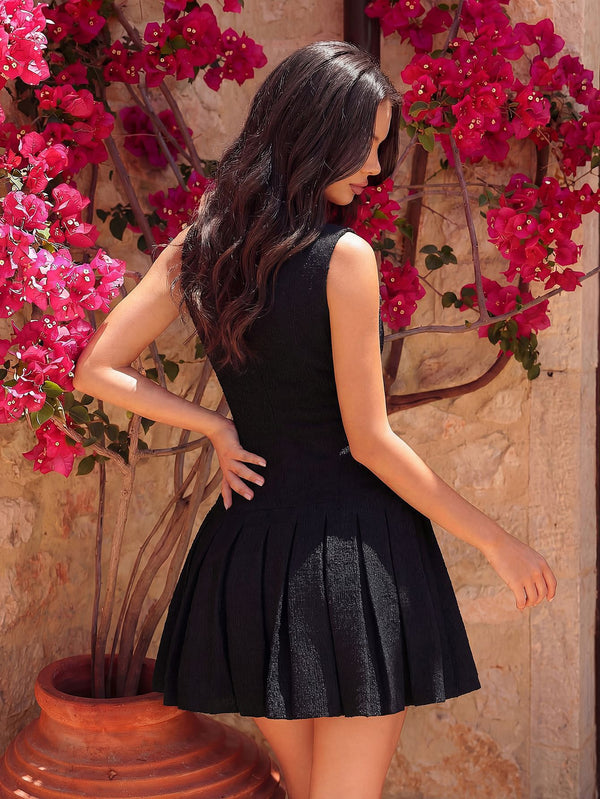 Sleeveless Rhinestone Button-Up Pleated Dress for Party Wear