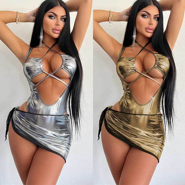 Lace-Up One-Piece Bodysuit & Skirt Two-Piece Set for Club Wear