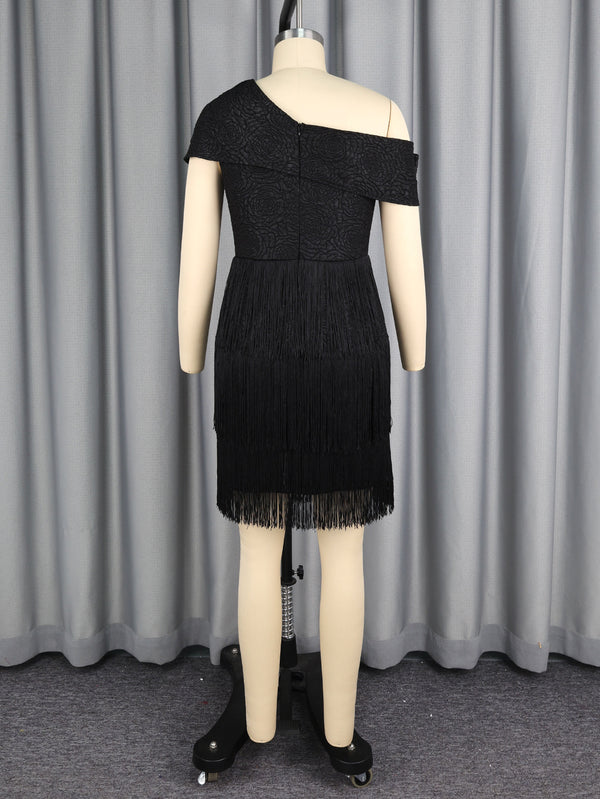 Jacquard Black Slash Shoulder Rhinestone Bow Fringed Dress for Formal Parties