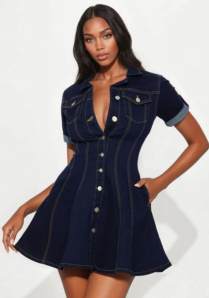 Women's Fashion Casual Button Tie Slim Fit Short Sleeve Denim Dress