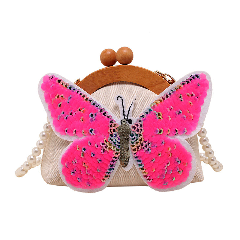 Women Pearl Chain Sequin Butterfly Shell Bag