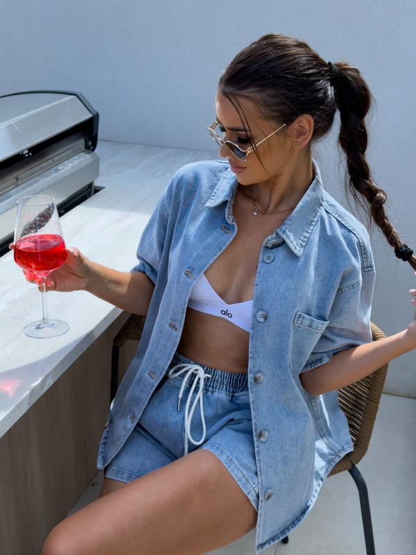 Short Sleeve Shirt & Denim Shorts Two-Piece Set for Summer