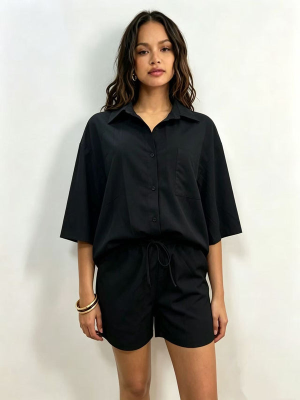Multi-Color Turndown Collar Loose Shirt & Shorts Set for Casual Career Wear