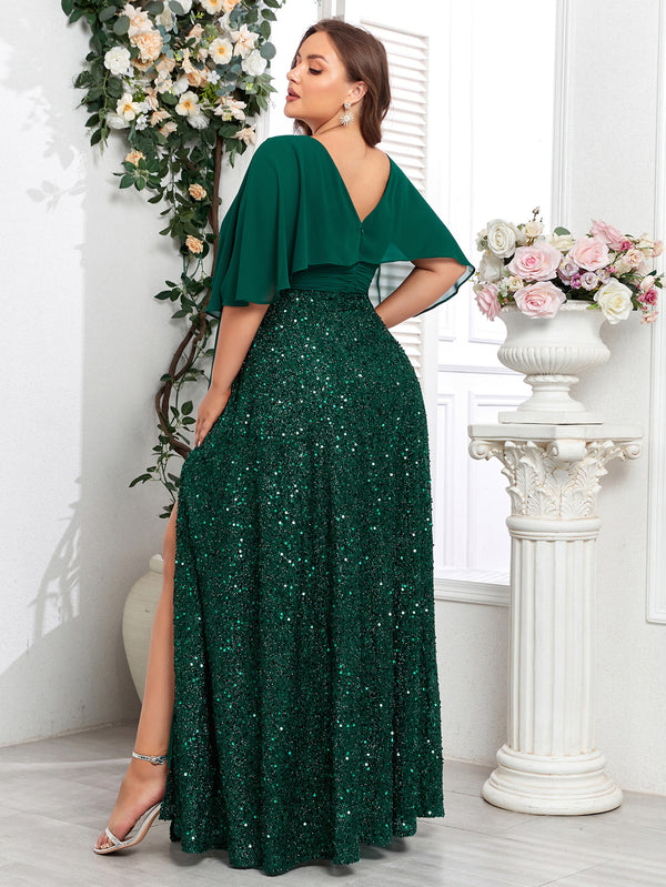 V-Neck High Slit Sequin Chiffon Maxi Dress for Evening Parties
